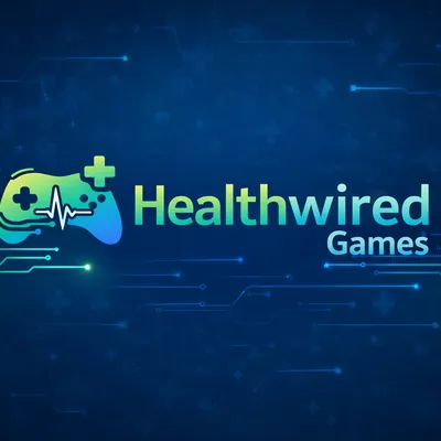 Healthwired Games controller logo on a blue circuit-pattern background
